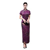Women Qipao Silk Fragrant Cloud Yarn Floral Print Mock Collar Short Sleeve Slim Red Evening Long Dress 3622
