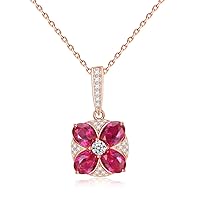 Four Petal Flower Pendant Necklace Sparkling Ruby & Zircon Gemstone