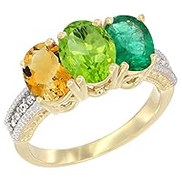 14K Yellow Gold Natural Citrine, Peridot & Emerald Ring 3-Stone 7x5 mm Oval Diamond Accent, size 7.5