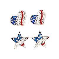 4th of July Earrings American Flag Rhinestone Earrings for Patriotic Independence Day Women Ear Ornament Gift (Star, Heart, 2 Pairs)