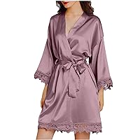 One Size Womens Satin Robe Lace Kimono Bridesmaids Robes Short Silky Bathrobe 3/4 Sleeve Belted Nightrobe Sleepwear