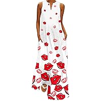 White Dress Women Long Boho, Women Summer Casual Sleeveless Print V Neck Maxi Loose Dress Boho Beach Long with