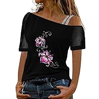 Womens Shirts Dressy Casual Spring 2024 Women Printed Off Shoulder Tops Sexy Glitter Short Sleeve Shirt Blouse