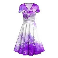 Womens Dresses Summer 2024 Princess Dress Sexy V-Neck Cute Printed Short Sleeve Swing Dress