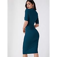 TERNEZ Women's Dress Mock Neck Solid Bodycon Dress Dress for Women (Color : Teal Blue, Size : X-Small)
