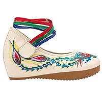 Women and Ladies' Embroidery Phenix Strappy Round Toe Platform Wedges Shoe Chinese Cloth Shoe (3 US, Beige)