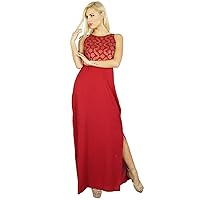 Bimba Women Rayon Long Maxi Dress Gown with Block Print & Side Slit Red