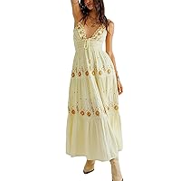 Women Backless Flowy Boho Maxi Dress Sexy Strappy Low Cut Long Dress Casual Tiered Summer Vacation Sundress(B-Embroidered Dress Yellow,S)