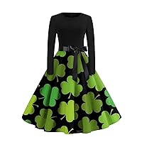 Women's Shamrock Dress Classic Dress Long Sleeve St. Patrick's Day Print Crew-Neck Swing Dress Outfits, S-2XL