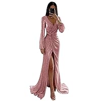 UZN Long Sleeve Sequin Prom Dresses Long Split for Women Sparkly V Neck Formal Evening Party Gowns