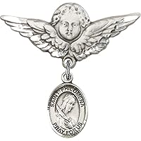 Baby Badge with St. Philomena Charm and Angel with Wings Badge Pin | Sterling Silver Baby Badge with St. Philomena Charm and Angel with Wings Badge Pin - Made In USA