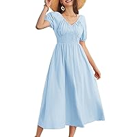 GRACE KARIN 2024 Women's Summer V Neck Smocked Dresses Short Sleeve Flowy A Line Maxi Dress with Pockets
