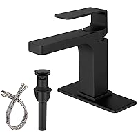BWE Single Hole Black Bathroom Faucet Modern Solid Brass Single Handle Bathroom Sink Faucet with Pop Up Drain Stopper and Water Supply Hoses 1 or 3 Holes Commercial Lavatory Basin Mixer Tap