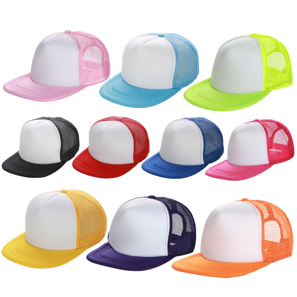 QOMOLANGMA 10PCS Blank Sublimation Flat Billed Trucker Hat Polyester Mesh Cap Baseball Caps Hat for Heat Transfer Printing