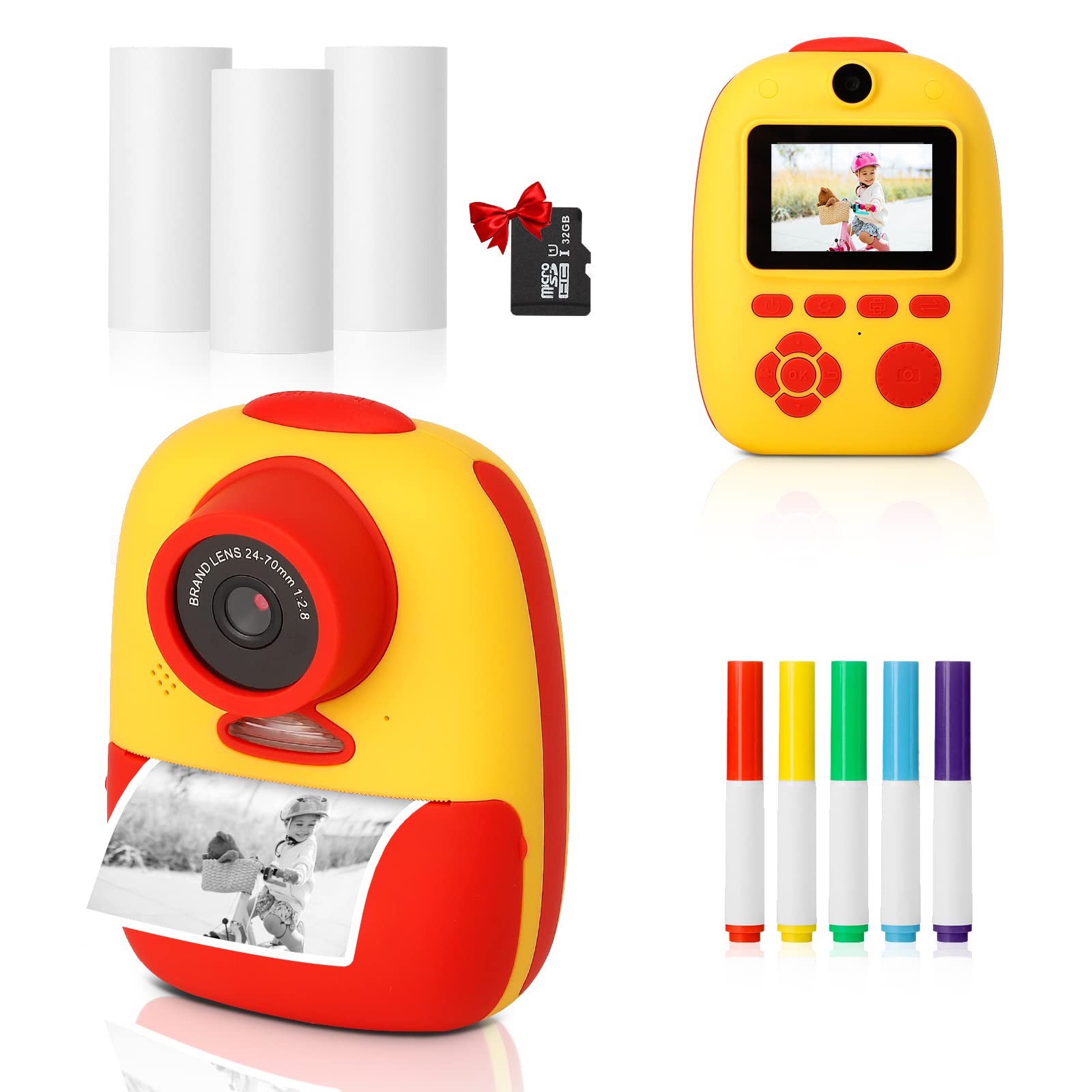 FTXOAM 1080P Kids Camera Instant Print Toddler Digital Camera with Colored Pens, Toy Camera with Print Paper for Boys and Girls, 32GB Card,Ink-Free Printing, Birthday Day Gift (Yellow Red)
