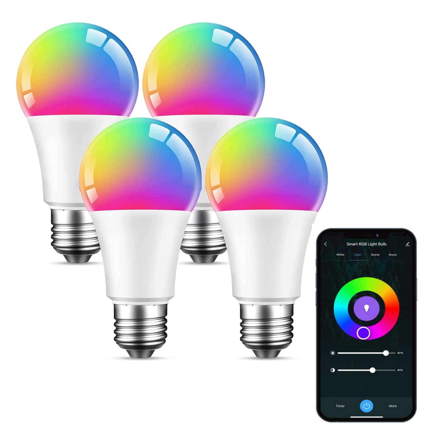 Beantech Smart Bulb, WiFi LED Light Bulbs, Color Changing Dimmable Light Bulb 2700K-6500K, Smart Light Bulbs Work with Alexa & Google Assistant, A19 Alexa Light Bulb, RGB Tunable White Bulb, 4 Pack