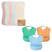 KeaBabies 5-Pack Organic Muslin Baby Burp Cloths and 3-Pack Waterproof Baby Bibs for Eating - White Burp Cloth - Lightweight Baby Bib with Food Catcher - Burp Rags - Mess Proof
