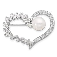 925 Sterling Silver Rhodium Plated 8 9mm Button White Fwc Pearl and CZ Cubic Zirconia Simulated Diamond Love Heart Pin Jewelry for Women