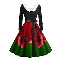 Women's Christmas Dresses Vintage Classic Dress Long Sleeve Print V-Neck Swing Dress, S-2XL