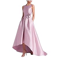 Women's Satin Hi-Low Prom Dress with Pockets Crew Neck A Line Formal Dress Backless Cocktail Evening Dress