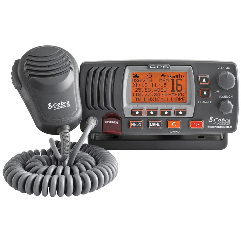 Cobra MR F77B GPS Fixed Mount VHF Marine Radio – 25 Watt VHF, Built-In GPS Receiver, Submersible, LCD Display, Noise Cancelling Mic, NOAA Weather, Signal Strength Meter, Scan Channels, Black/Grey