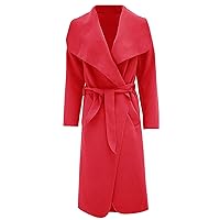 Womens Italian Long Duster Jacket Ladies French Belted Trench Waterfall Coat#(Red Italian Long Duster Waterfall Jacket #US 10-12#Womens)