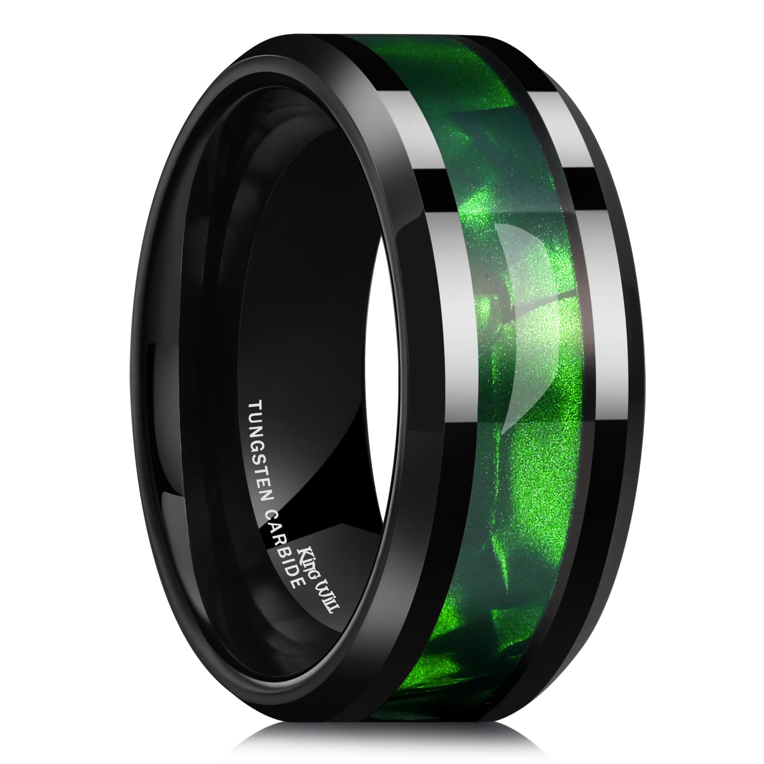 King Will Tungsten Carbide Wedding Band for Men - 8mm Black High Polished Inlay Green Shell Texture Patterns for Everyday Wear Comfort Fit