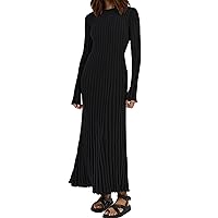 Women Long Sleeve Ribbed Knit Pleated Maxi Dress Bodycon Crew Neck Ruched Slim Fit Fall Sweater Dress Party