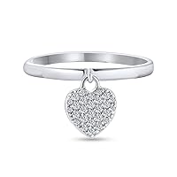 Simple Delicate .925 Sterling Silver Pave Dangle Heart Charm Ring For Teen For Girlfriend 1MM Thin Band