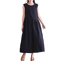 Women's Casual Loose Clothing Long Sleeveless Sundress Soft Summer Cotton Linen Dress with Pockets