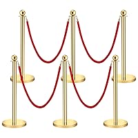 Velvet Ropes and Posts 6pcs,5 ft Red Velvet Rope Crowd Control Barriers,Gold Stanchions Post with Ball Top & Solid Base,Red Carpet Poles for Red Carpet,Wedding,Exhibition