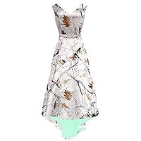 V Neck High Low Camo Wedding Guest Formal Dresses Outdoor Bridesmaid Gown with Beaded Waist
