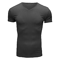 Men's Ribbed Shirt Short Sleeve Slim Fit Muscle T Shirts Stretch Henley Top V Neck Bodybuilding Workout Knit Soft Tee (XX-Large,Dark Grey)
