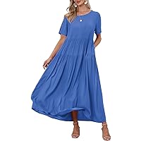 YESNO Women Casual Loose Bohemian Floral Dress with Pockets Short Sleeve Long Maxi Summer Beach Swing Dress (L EJF Blue)