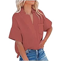 Cotton Linen Blouses for Women Summer Tops Dressy Casual Short Sleeve Button Down Shirts Fashion Loose Comfy Solid Work Tees