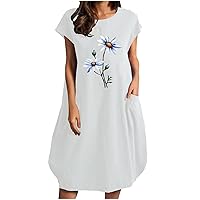 Women's Summer Clothes Casual Cotton Linen Pocket Midi Dress Floral Pattern Short Sleeve Crew Neck Club Party Dress