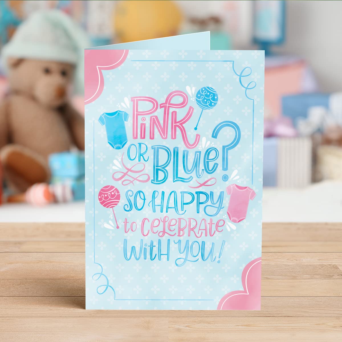 Designer Greetings Baby Gender Reveal Cards – Cute Pink and Blue Baby Accessory Design (6 Cards with Envelopes)