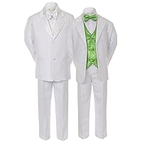Unotux 7pcs Boys White Suit Tuxedo with Satin Lime Green Bow Tie Vest Set (S-20)