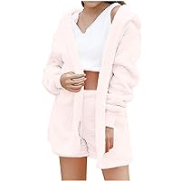 QIGUANDZ Womens Sexy 3 Piece Pjs Sets Warm Fuzzy Fleece Outfits Pajamas Open Front Cardigan Crop Tank Tops Shorts Fashion Set