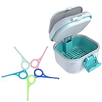 ARGOMAX Leak Proof Denture Bath Cup, Portable Soaking Denture Box, Denture Bath Case with Strainer, for Dentures and Braces, Upgraded Version with Storage Compartment (White + Cyan).