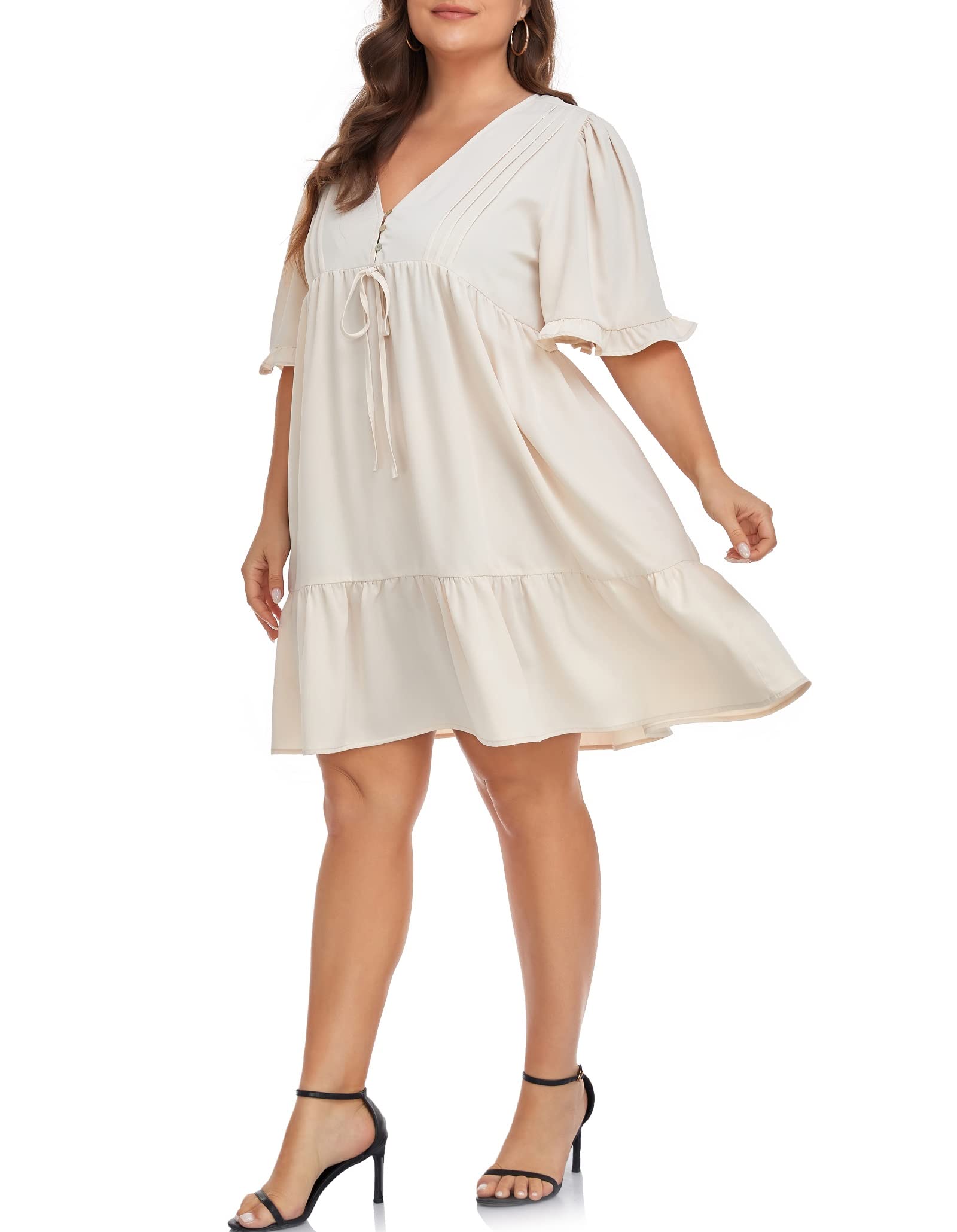 Carrdc Women's Summer Plus Size V Neck Button Down Front Ruffle Sleeve Pleated Dress
