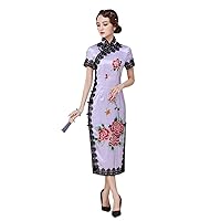 Qipao Dress Women Silk Print Chinese Traditional Lace Decoration Oblique Placket Cheongsam 3273