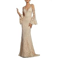 Champagne Sexy Mermaid Evening Dress Lace Long Sleeve Prom Gown