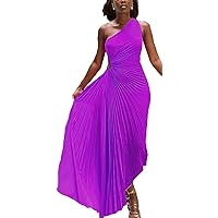Womens Summer Maxi Dress 2023 Sexy One Shoulder Sleeveless Formal Boho Pleated Dresses