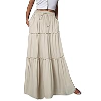 Womens Large Long High Elastic Waist with Pockets and Belt Maxi Skirt Pleated Skirt Beach Skirt Casual Skirt