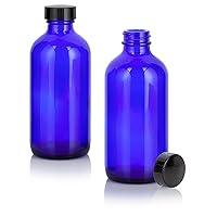JUVITUS 8 oz Cobalt Blue Glass Boston Round Empty Bottle with Black Phenolic Cone Lined Caps (2 pack)