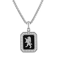 Bulova Jewelry Men's Icon Crest of Bohemia Black Enamel Sterling Silver Pendant Accented with White Diamonds and Rounded Box Link Chain Necklace, Length 24-26
