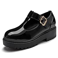 Coutgo Girls T-Strap Mary Jane Shoes Chunky Low Heel Platform Velcro Closed Toe School Uniform Dress Shoes