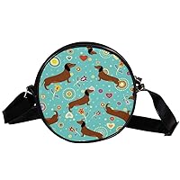 Dachshund And Flower Circle Shoulder Bags Cell Phone Pouch Crossbody Purse Round Wallet Clutch Bag For Women With Adjustable Strap