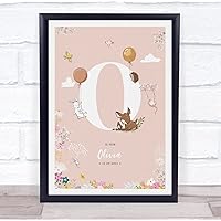 The Card Zoo Baby Birth Details Nursery Christening Woodland Animals Pink Initial O Print